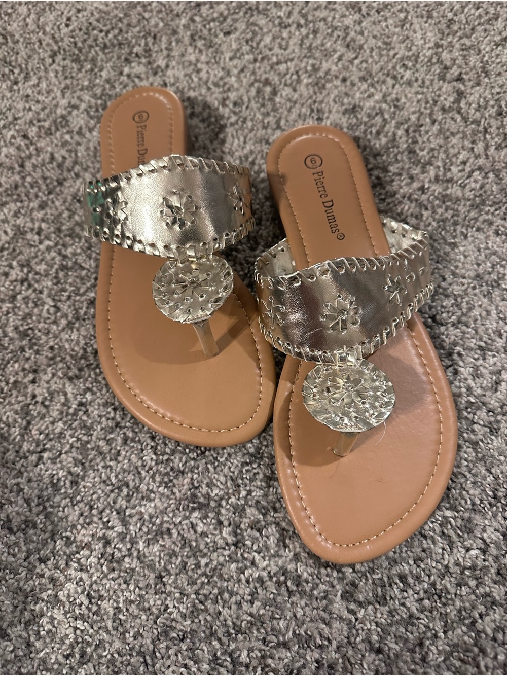 Pierre Dumas Gold Metallic Medallion Thong Sandals 6